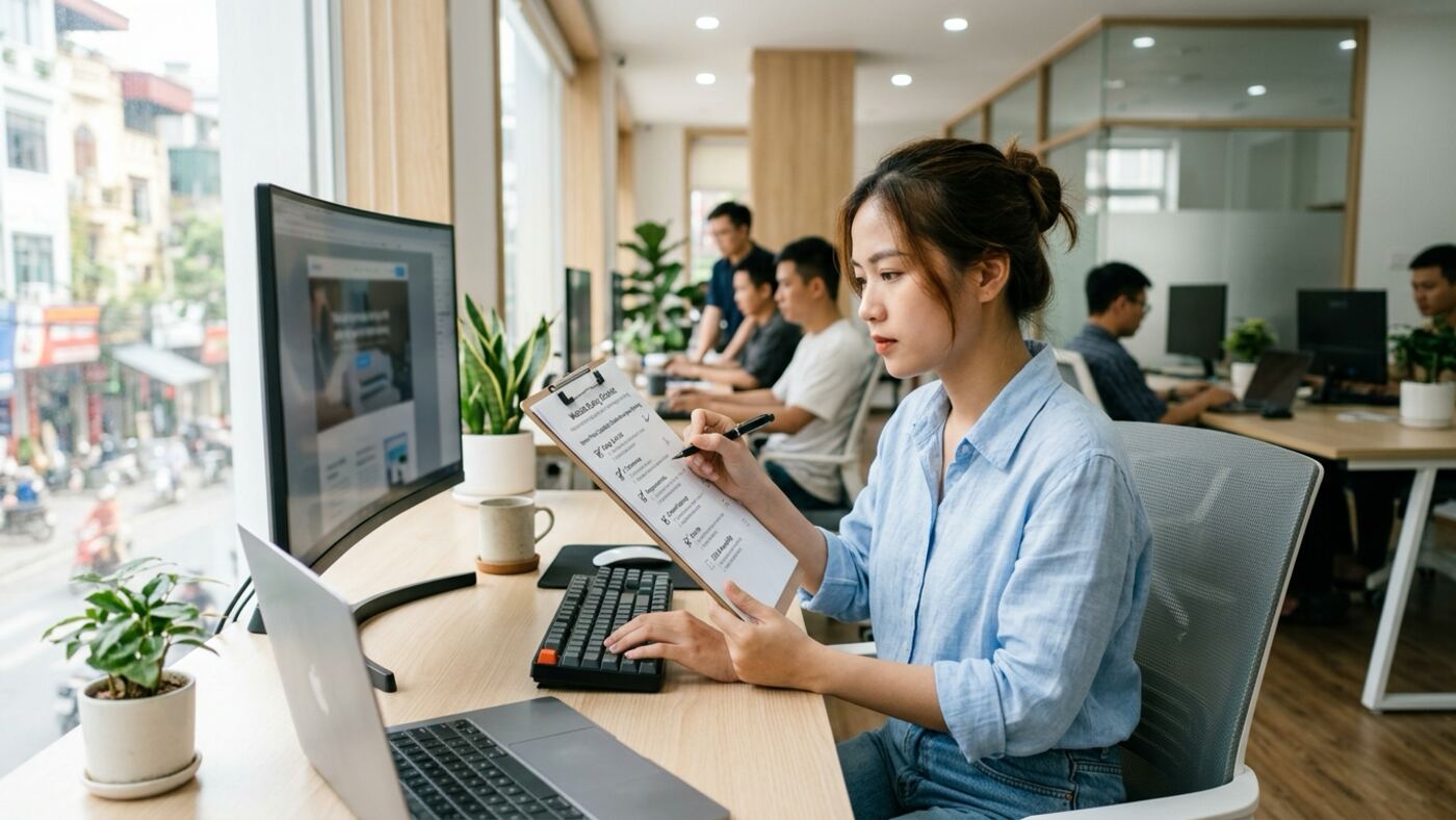 Góc làm việc minh họa chủ đề thiết kế website uy tín